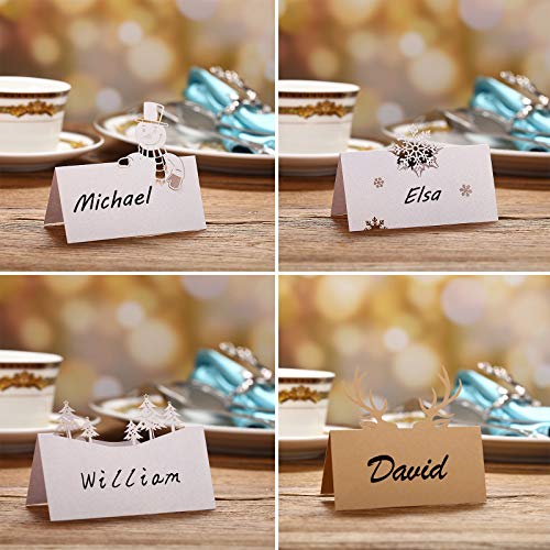 40 Hojas de Tarjeta de Asiento de Mesa de papel de Navidad Tarjetas de Nombre de Tienda con Diseño de Copos de Nieve, Asta, Árbol de Navidad Muñueco de Nieve, Troquelado para Navidad, Blanca de Perla