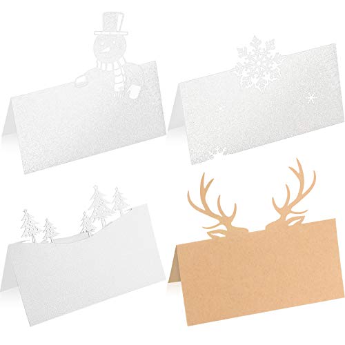 40 Hojas de Tarjeta de Asiento de Mesa de papel de Navidad Tarjetas de Nombre de Tienda con Diseño de Copos de Nieve, Asta, Árbol de Navidad Muñueco de Nieve, Troquelado para Navidad, Blanca de Perla