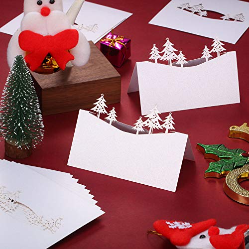 40 Hojas de Tarjeta de Asiento de Mesa de papel de Navidad Tarjetas de Nombre de Tienda con Diseño de Copos de Nieve, Asta, Árbol de Navidad Muñueco de Nieve, Troquelado para Navidad, Blanca de Perla