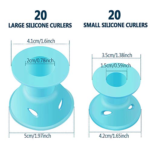 40 Unids Pelo Silicona Rodillo de Azul, Rizadores para el cabello Rulos para el Pelo suave Silicona Sin calor Sin clip Cuidado Herramientas bricolaje para el cabello largo (20 grandes y 20 pequeños)