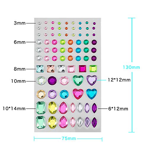 486 piezas Piedras de purpurina Diamantes de imitación autoadhesivos Juego grande, acrílico Multicolores preciosas Adhesivo de gemas de cristal Colores y formas variados para niños Niñas (6 hojas)