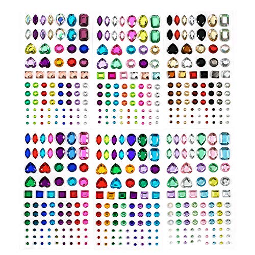 486 piezas Piedras de purpurina Diamantes de imitación autoadhesivos Juego grande, acrílico Multicolores preciosas Adhesivo de gemas de cristal Colores y formas variados para niños Niñas (6 hojas)