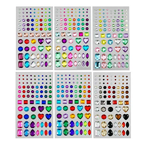 486 piezas Piedras de purpurina Diamantes de imitación autoadhesivos Juego grande, acrílico Multicolores preciosas Adhesivo de gemas de cristal Colores y formas variados para niños Niñas (6 hojas)