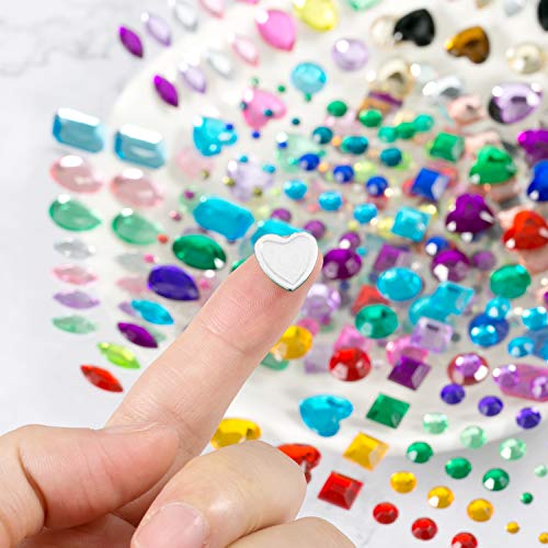 486 piezas Piedras de purpurina Diamantes de imitación autoadhesivos Juego grande, acrílico Multicolores preciosas Adhesivo de gemas de cristal Colores y formas variados para niños Niñas (6 hojas)