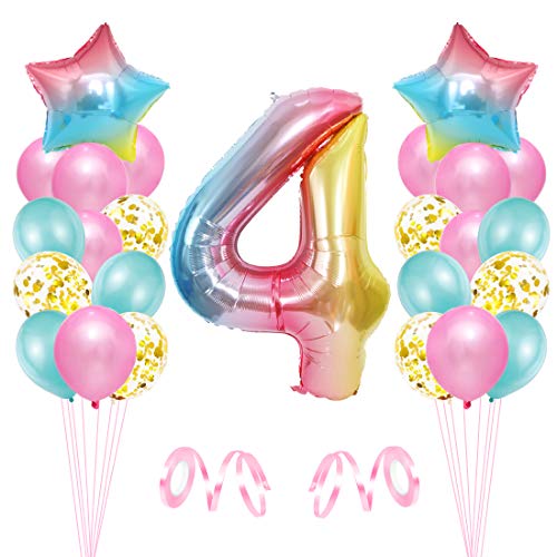 4er Cumpleaños Globos, Decoración de Cumpleaños 4 en Rosado, Cumpleaños 4 Año, Feliz Cumpleaños Decoración Globos 4 Años, Globos de Confeti y Aluminio para Niñas