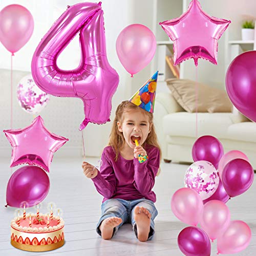 4er Cumpleaños Globos, Decoración de cumpleaños 4 en Rosas, Feliz cumpleaños Decoración Globos 4 Años, Globos Numeros para Fiestas,Globos de Aluminio para Niñas