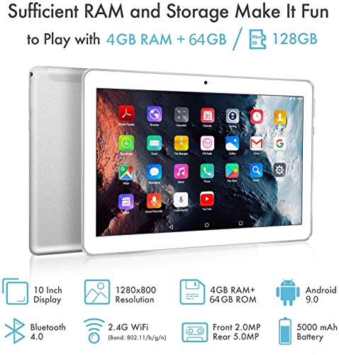4G LTE Tablet 10 Pulgadas HD - TOSICDO Android 9.0 Certificado por Google GMS,Quad Core,64GM ROM,4GB RAM,Doble Altavoz Estéreo,WiFi/Bluetooth/GPS/OTG - Plata