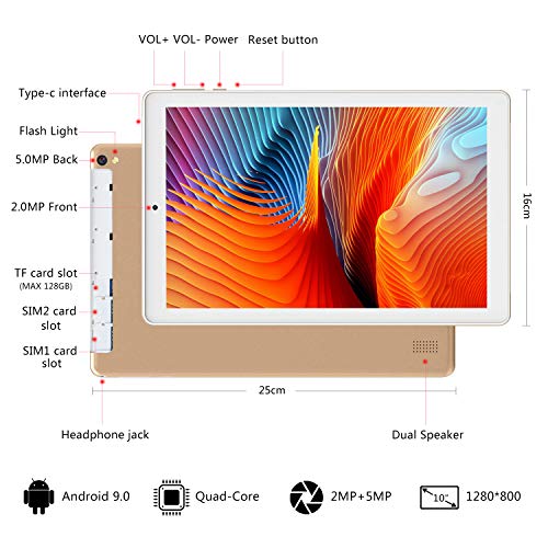 4G LTE Tablet 10 Pulgadas YOTOPT - Android 9.0, 4GB RAM y 64GB ROM, GPS/Bluetooth/WiFi Soporte (Oro)