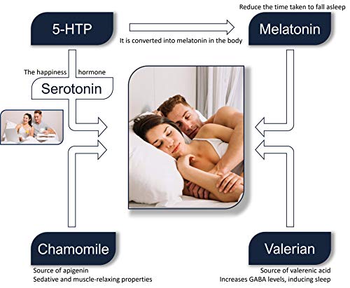 4Sleep - Melatonina Pura + 5-HTP Griffonia Simplicifolia + Manzanilla + Valeriana - Efecto prolongado, Rápida conciliación y mejora del sueño, Reduce estrés, ansiedad e insomnio, Somnífero natural