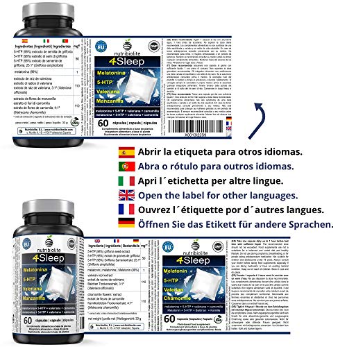 4Sleep - Melatonina Pura + 5-HTP Griffonia Simplicifolia + Manzanilla + Valeriana - Efecto prolongado, Rápida conciliación y mejora del sueño, Reduce estrés, ansiedad e insomnio, Somnífero natural