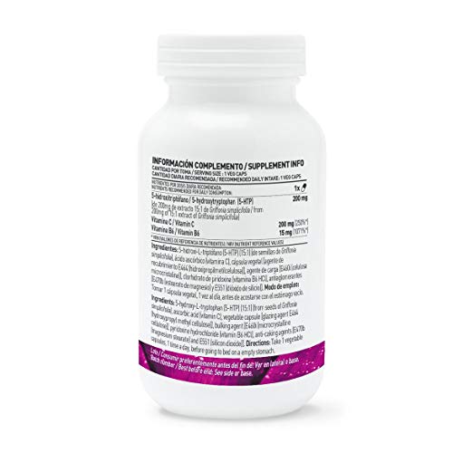 5-HTP Plus de HSN 200mg | Con Vitamina C y B6 | Extracto 15:1 Griffonia Simplicifolia | Mejora del Sueño, Reduce Estrés | Vegano, Sin Gluten, Sin Lactosa, 120 cápsulas vegetales