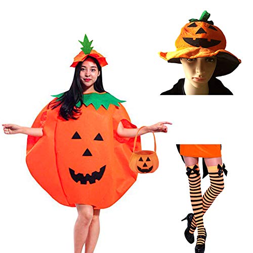 5 Pcs Disfraz de Calabaza, Halloween Fiesta de Carnaval, 2 sombreros de calabaza + vestido de calabaza + bolsos de calabaza + medias de espalda naranja para adultos a rayas, accesorios de disfraces