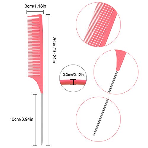 5 Peines de Cola de Rata Peine de Pintail Peine de Peinado de Dientes Finos Peine de Fibra de Carbono Resistente al Calor Peine de Separación con Mango Acero Inoxidable para Salón Hogar (Rosa)