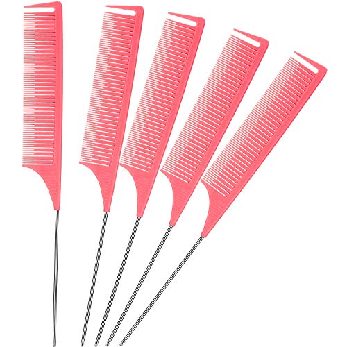 5 Peines de Cola de Rata Peine de Pintail Peine de Peinado de Dientes Finos Peine de Fibra de Carbono Resistente al Calor Peine de Separación con Mango Acero Inoxidable para Salón Hogar (Rosa)