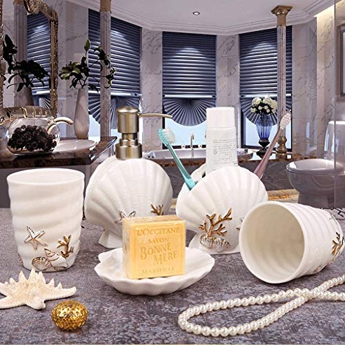 5 piezas de baño de cerámica Juego de accesorios, Playa Conchas Ensemble Conjunto Includs dispensador de jabón, jabón, Secadora, cepillo de dientes titular, Creative Set for hombre, mujer, niños