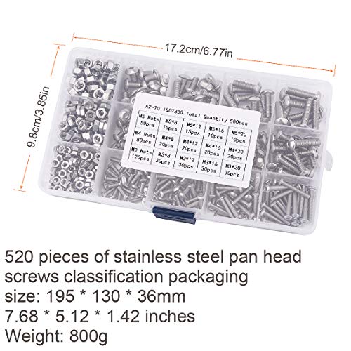 500 PCS Juego de Tornillos y Tuercas, Tornillos de Cabeza de Botón Tornillos Hexagonales M3 M4 M5 Juegos de Pernos con Tuerca de Acero Inoxidable Head Hex Cabeza de Casquillo Tornillos