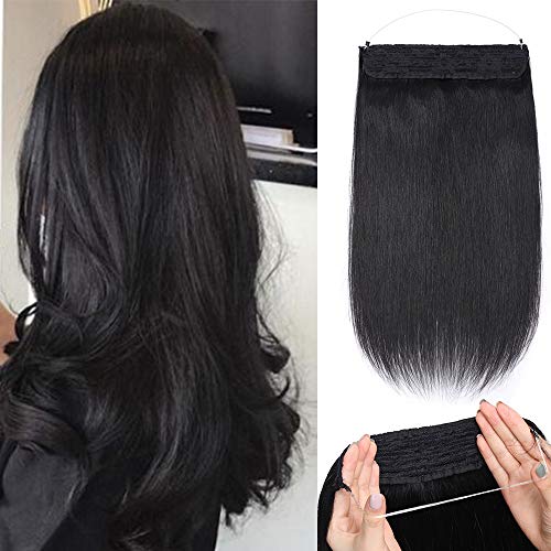 50cm - Extensiones de Cabello Natural Humano con Hilo Invisible 110g Double Weft Una pieza Wire in Hair Extensions - 1# Negro Azabache