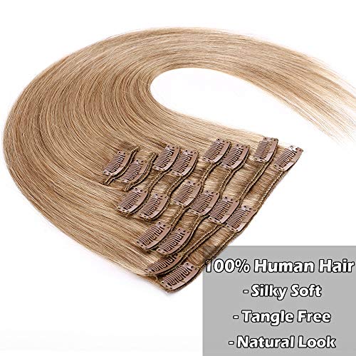 50cm - Extensiones de Clip de Pelo Natural 8 Piezas 18 Clips 105g Cabello Humano 100% Remy Human Hair - 27# Rubio Oscuro