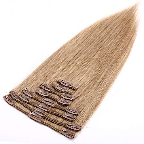 50cm - Extensiones de Clip de Pelo Natural 8 Piezas 18 Clips 105g Cabello Humano 100% Remy Human Hair - 27# Rubio Oscuro