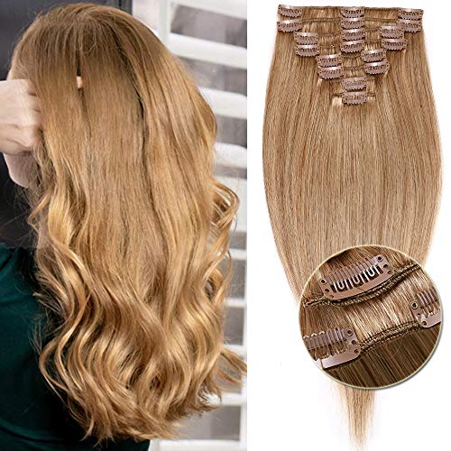 50cm - Extensiones de Clip de Pelo Natural 8 Piezas 18 Clips 105g Cabello Humano 100% Remy Human Hair - 27# Rubio Oscuro