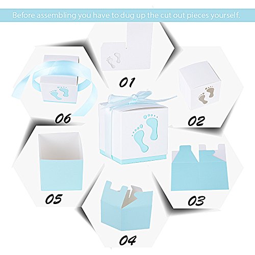 50Pcs Cajas de Papel Bautizo Caramelos Bombones Regalos Detalles para Invitados de Boda Fiesta Comunion Cumpleaños de Niño con Cintas (Pequeños pie Azul)