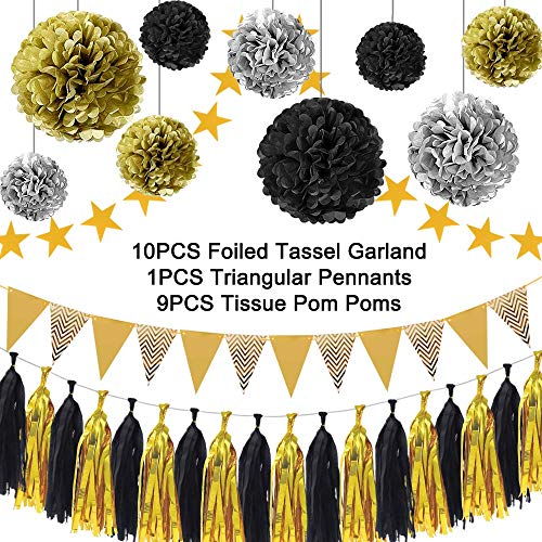 53 Pcs Decoraciones Cumpleaños, Decoraciones de la fiesta de cumpleaños pancarta de cumpleaños con globos de látex, Papel Poms, globos con forma de estrella / corazón y borla de papel de aluminio.