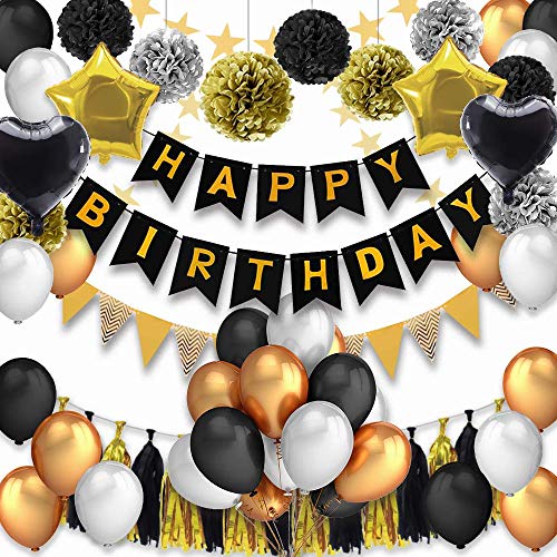 53 Pcs Decoraciones Cumpleaños, Decoraciones de la fiesta de cumpleaños pancarta de cumpleaños con globos de látex, Papel Poms, globos con forma de estrella / corazón y borla de papel de aluminio.