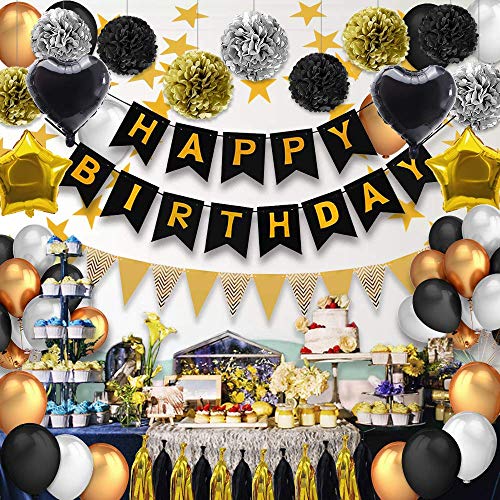 53 Pcs Decoraciones Cumpleaños, Decoraciones de la fiesta de cumpleaños pancarta de cumpleaños con globos de látex, Papel Poms, globos con forma de estrella / corazón y borla de papel de aluminio.