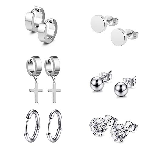 6 Pares Acero Inoxidable Pendientes Aros Hombre Mujer Niña Plata, Pendientes Cruz Hombre, Pendientes Hombre Aro Circonita, Pendientes Mujer Plata Pequeños, Aretes para Hombre Mujer Redondos Piercing