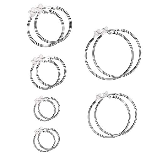 6 Pares Pendientes De Aro Conjuntos, Pendientes de Acero Inoxidable con Cojín de Látex Blando, Seis Tallas no Piercing Oreja Pendiente Aro Plata para Mujeres y Niñas