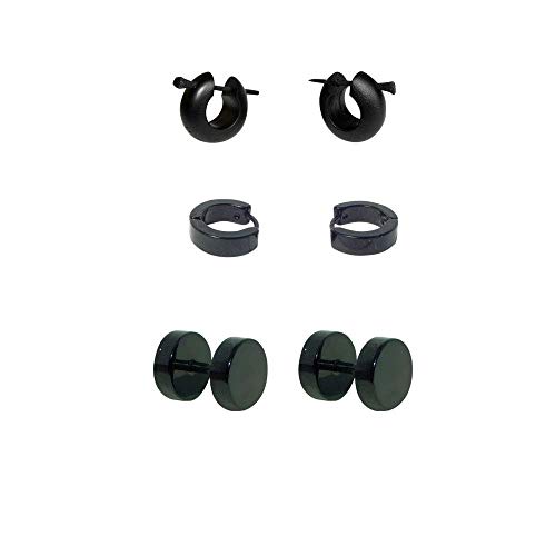 6 pendientes hombre negros, 2 aros y 2 dilataciones falsas acero inoxidable mas 2 pendientes madera