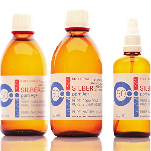 600ml Plata coloidal PureSilverH2O / 2 x Botellas (cada 250ml/50ppm) Plata coloidal + spray (100ml/50ppm) - 99,99% de plata pura - la mejor calidad - Made in Germany