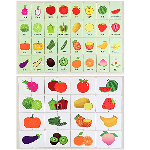 64 Piezas Tarjetas de Memoria Formación de Aprendizaje Tarjetas de Rompecabezas de Cognición con Caja de Almacenamiento de Hierro para Bebé Early Educational (Animales Digitales, Frutas Verduras)