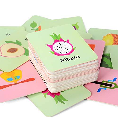 64 Piezas Tarjetas de Memoria Formación de Aprendizaje Tarjetas de Rompecabezas de Cognición con Caja de Almacenamiento de Hierro para Bebé Early Educational (Animales Digitales, Frutas Verduras)