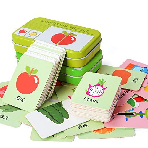 64 Piezas Tarjetas de Memoria Formación de Aprendizaje Tarjetas de Rompecabezas de Cognición con Caja de Almacenamiento de Hierro para Bebé Early Educational (Animales Digitales, Frutas Verduras)