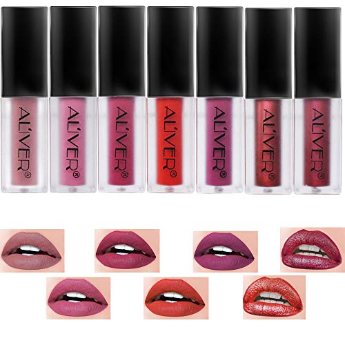 7 colores brillo de labios mate, brillo de labios de metal resistente al agua, a prueba de besos de larga duración, antiadherente, antiolor, botella esmerilada, elegante decoración en el tocador.