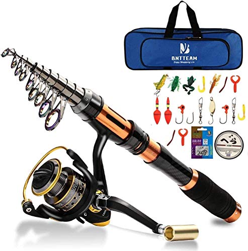 7 PAQUETES 2.1 m, 2.4 m, 3.0 m 3.6 m 99% Caña de pescar telescópica de carbono y 12BB Carrete y bolsa de pesca y señuelos y línea, conjunto de caña de pescar(kits completos/3.6M/141.7in/11.8ft)