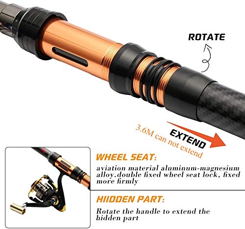 7 PAQUETES 2.1 m, 2.4 m, 3.0 m 3.6 m 99% Caña de pescar telescópica de carbono y 12BB Carrete y bolsa de pesca y señuelos y línea, conjunto de caña de pescar(kits completos/3.6M/141.7in/11.8ft)