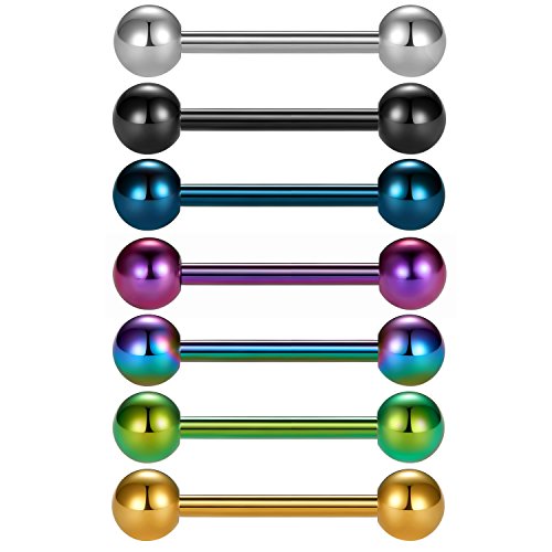 7 Piezas de Titanio anodizado Barras de Lengua de Acero quirúrgico pezón Anillo de perforación del Cuerpo - VCMART-14mm