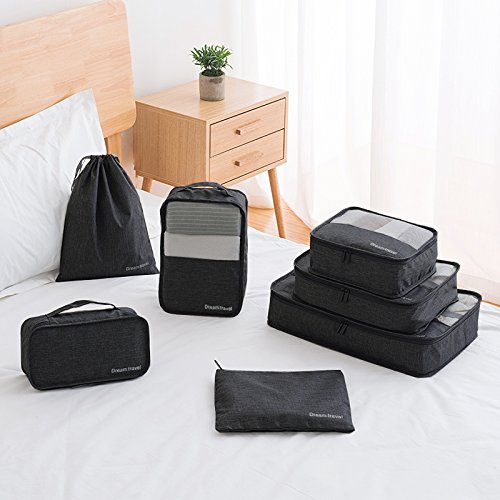 7 Set de Organizador de Equipaje-3 Cajas de Cubos + 2 Pouches+ 1 Ropa de baño + 1 Saco de Zapatos（Black）
