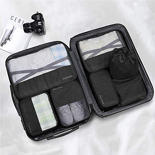 7 Set de Organizador de Equipaje-3 Cajas de Cubos + 2 Pouches+ 1 Ropa de baño + 1 Saco de Zapatos（Black）