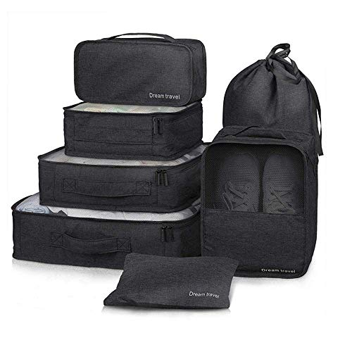 7 Set de Organizador de Equipaje-3 Cajas de Cubos + 2 Pouches+ 1 Ropa de baño + 1 Saco de Zapatos（Black）