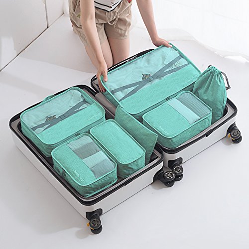 7 Set de Organizador de Equipaje-3 Cajas de Cubos + 2 Pouches+ 1 Ropa de baño + 1 Saco de Zapatos（Green）