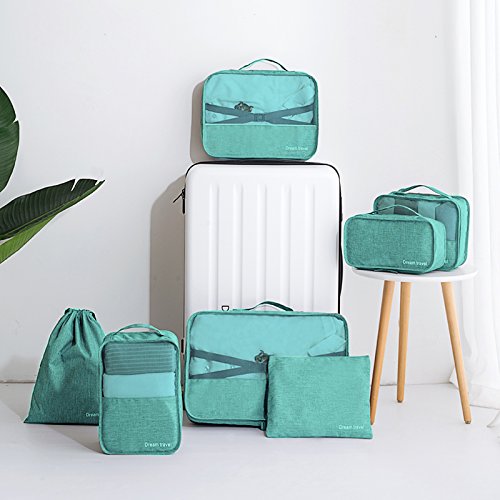 7 Set de Organizador de Equipaje-3 Cajas de Cubos + 2 Pouches+ 1 Ropa de baño + 1 Saco de Zapatos（Green）
