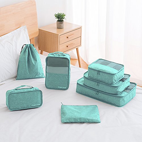 7 Set de Organizador de Equipaje-3 Cajas de Cubos + 2 Pouches+ 1 Ropa de baño + 1 Saco de Zapatos（Green）