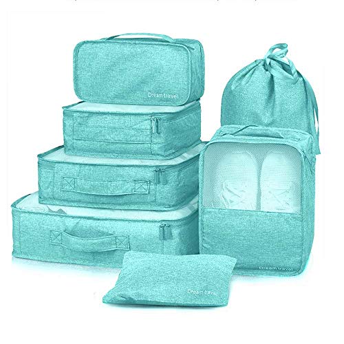 7 Set de Organizador de Equipaje-3 Cajas de Cubos + 2 Pouches+ 1 Ropa de baño + 1 Saco de Zapatos（Green）