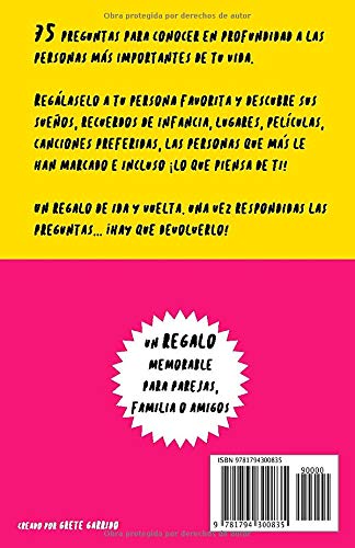 75 preguntas para conocer mejor a mi persona favorita.: Un Regalo para Parejas, Familia y Amigos. Este Cuestionario es Un Regalo Original y Memorable Para Aniversarios, Cumpleaños, Bodas...