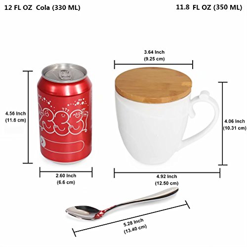 77L Taza de café con tapa y cuchara, taza de café de cerámica con tapa de bambú y cuchara - leche de cerámica, taza de té con cuchara y tapa para el hogar - 1.46 taza (350 ML, 11.8 OZ), blanco