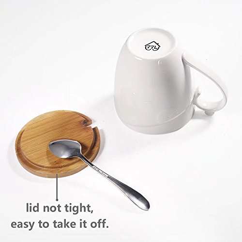 77L Taza de café con tapa y cuchara, taza de café de cerámica con tapa de bambú y cuchara - leche de cerámica, taza de té con cuchara y tapa para el hogar - 1.46 taza (350 ML, 11.8 OZ), blanco