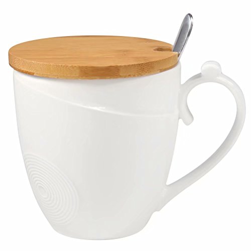 77L Taza de café con tapa y cuchara, taza de café de cerámica con tapa de bambú y cuchara - leche de cerámica, taza de té con cuchara y tapa para el hogar - 1.46 taza (350 ML, 11.8 OZ), blanco